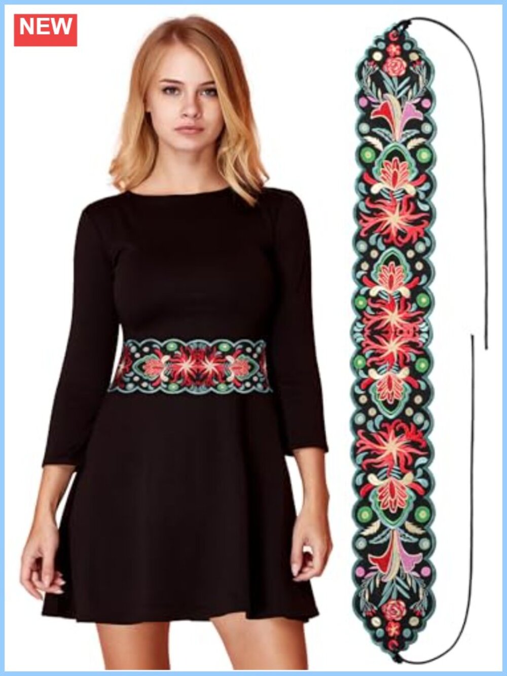 Hand Embroidered Floral Mexican Belt for Women Tie Closure One Size